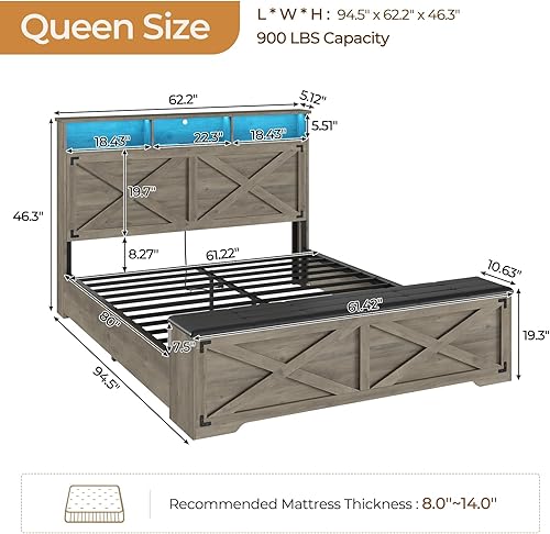 Miniatura 8 de DICTAC - Base de cama estilo granja tamaño Queen con cabecera de almacenamiento y estación de carga, base de cama de plataforma de madera tamaño