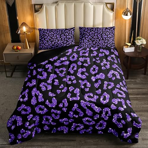 Miniatura 2 de Erosebridal Juego de edredón con estampado de leopardo, juego de ropa de cama tamaño King, color negro y morado, juego de edredón y ropa de cama con