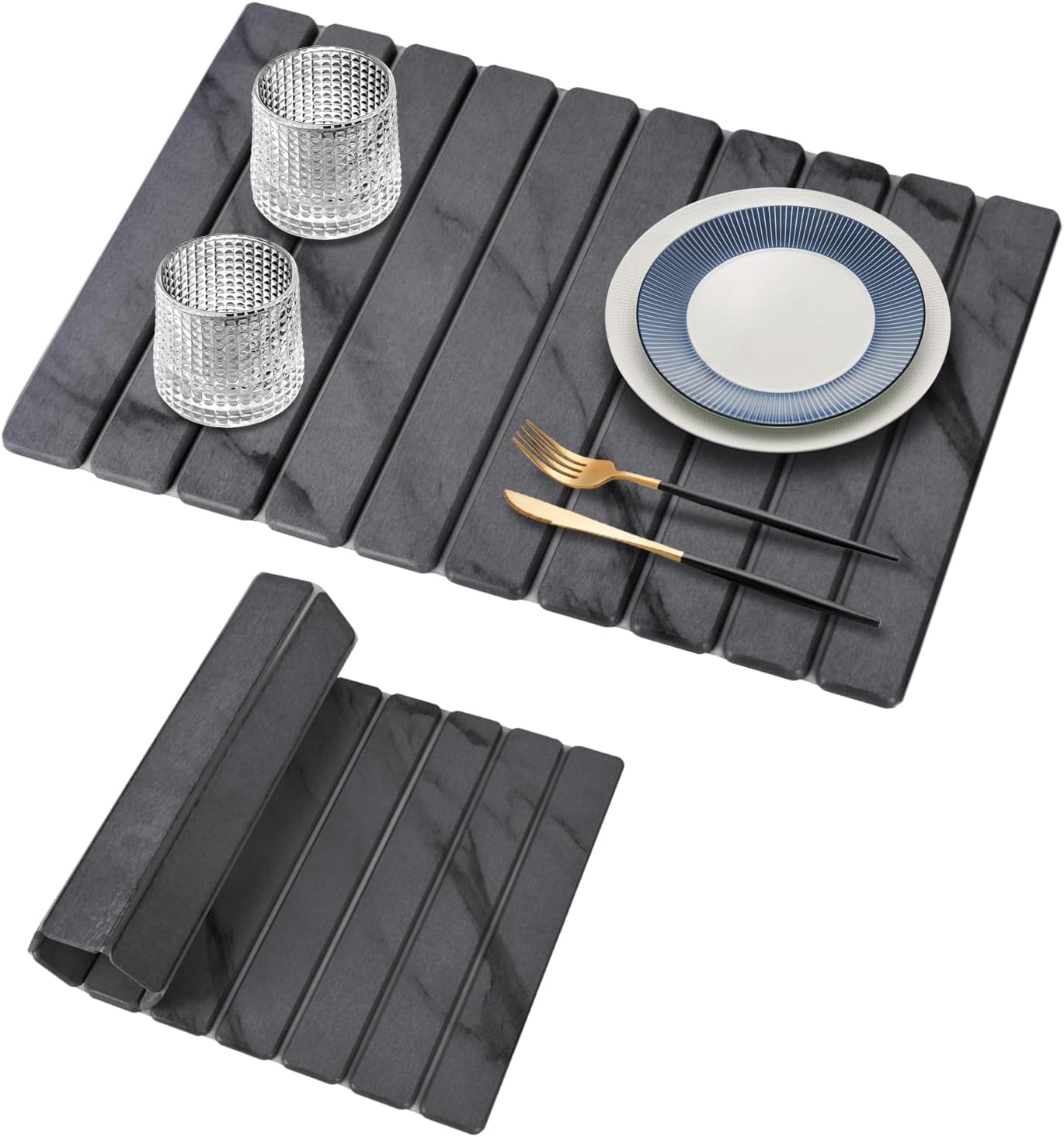 Large Stone Dish Drying Mats for Kitchen Counter, 24"(L)×16"(W), Drying Collapsible Dish Drying Mat, Eco-Friendly Absorbent Diatomaceous Earth Mats for Dishes Bottles Cups - Dark Grey