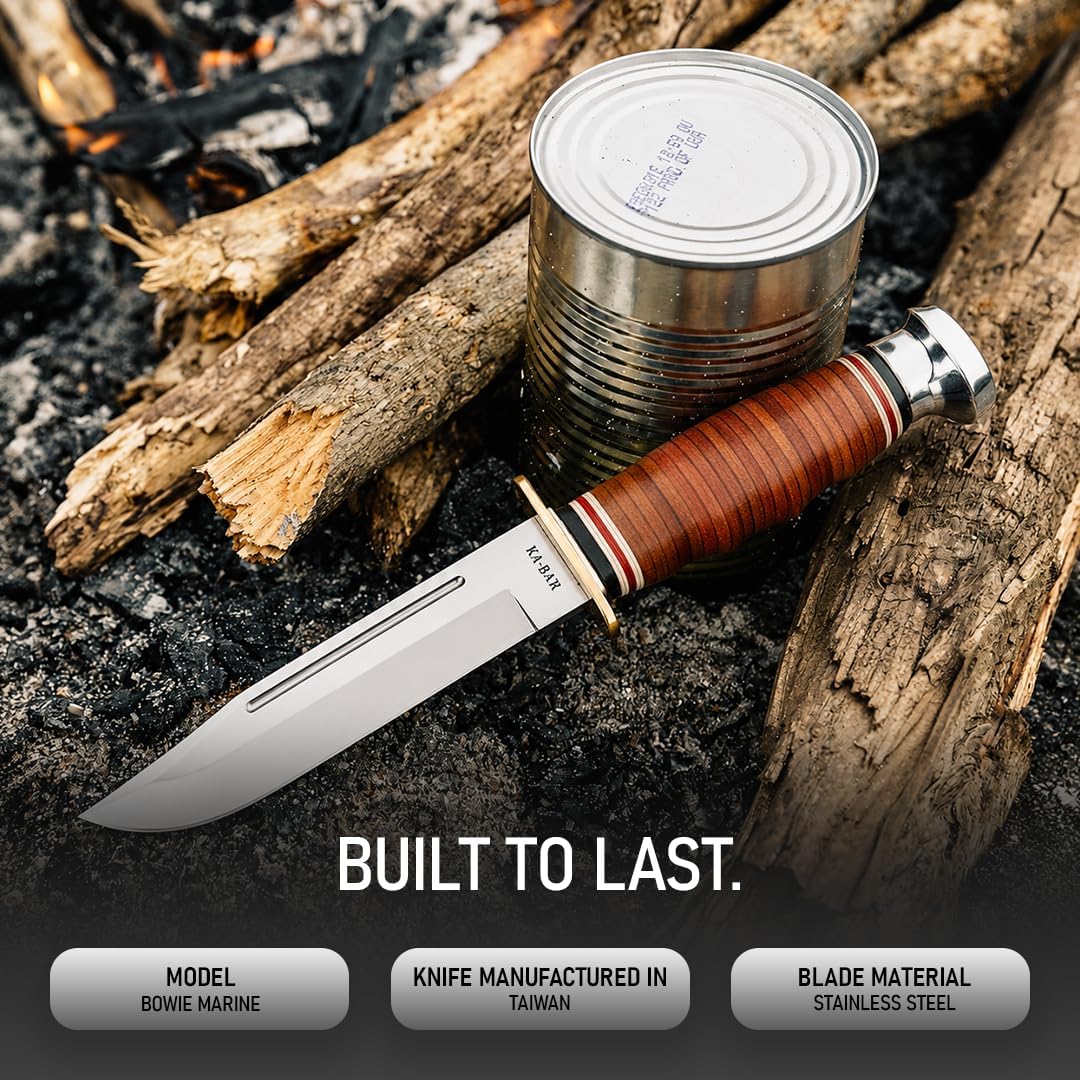 KA-BAR 1235 Marine Hunter Knife – 5.875" Stainless Steel Blade, Leather Handle, Brown Sheath, Medium Size
