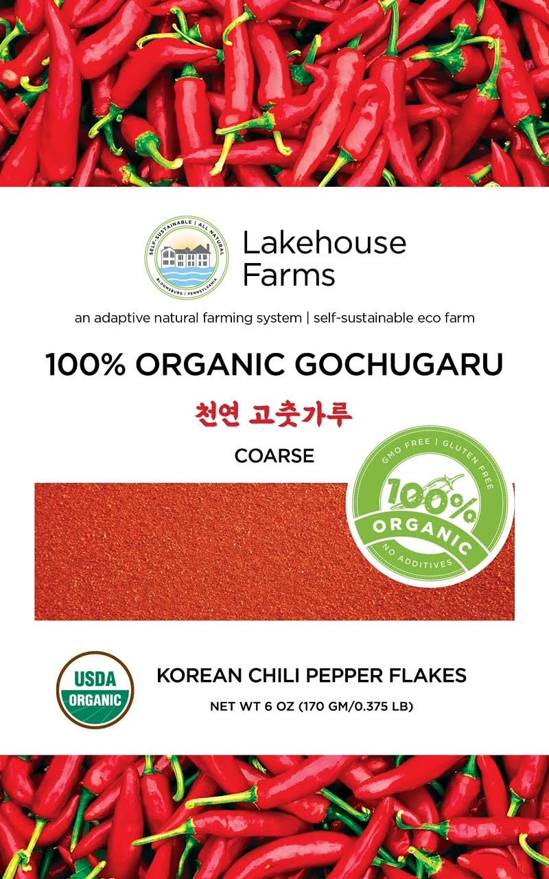 Lakehouse Farms 100% Organic Korean Chili Pepper Flakes/Powder (Gochugaru) - The only US Grown and US Organic Certified Korean Pepper Flakes (6 Ounce (Coarse))USDA Organic