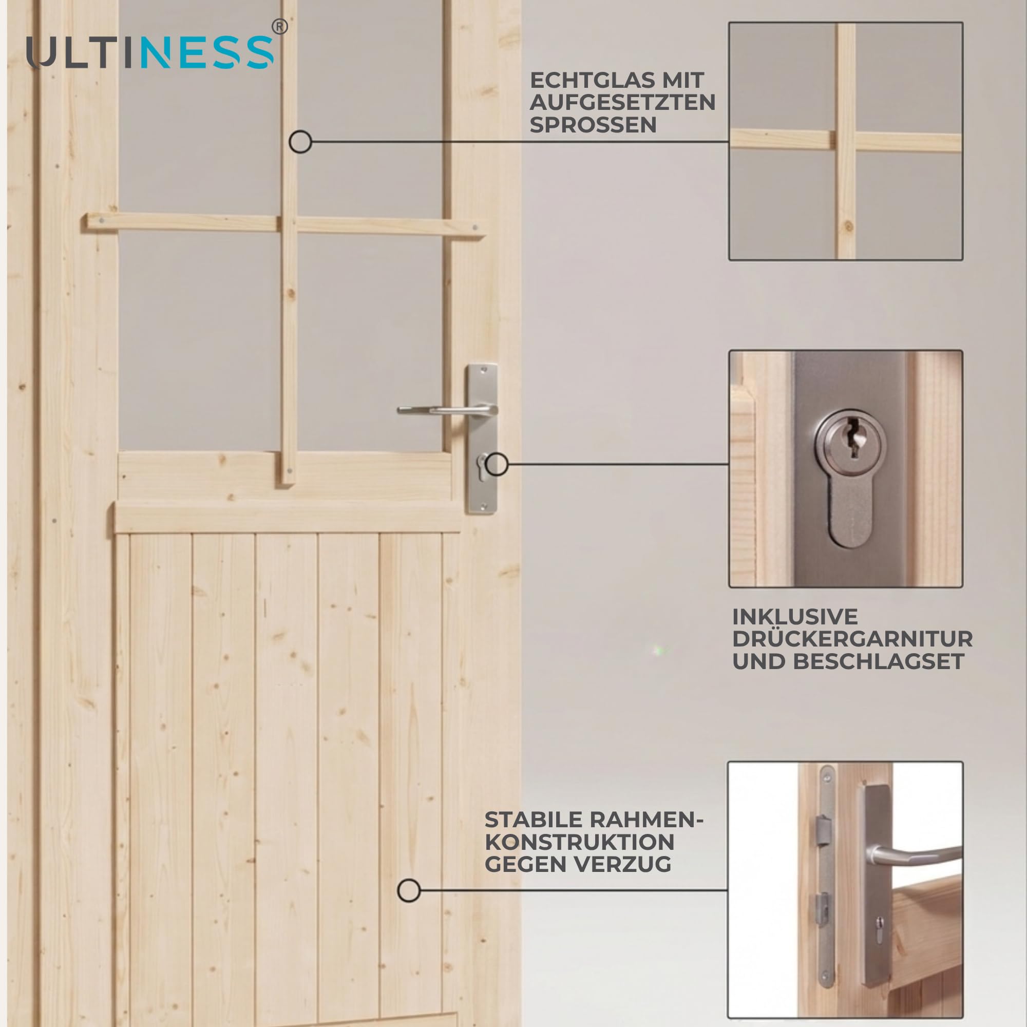 Gartenhaus Tür Holz nordische Fichte, Doppelflügeltür, 141x177 cm | Echtglas, inkl. Drückergarnitur & Aluminium-Türschwelle, Gartenhaus Tür für Geräteschuppen Holztür außen für Werkstatt