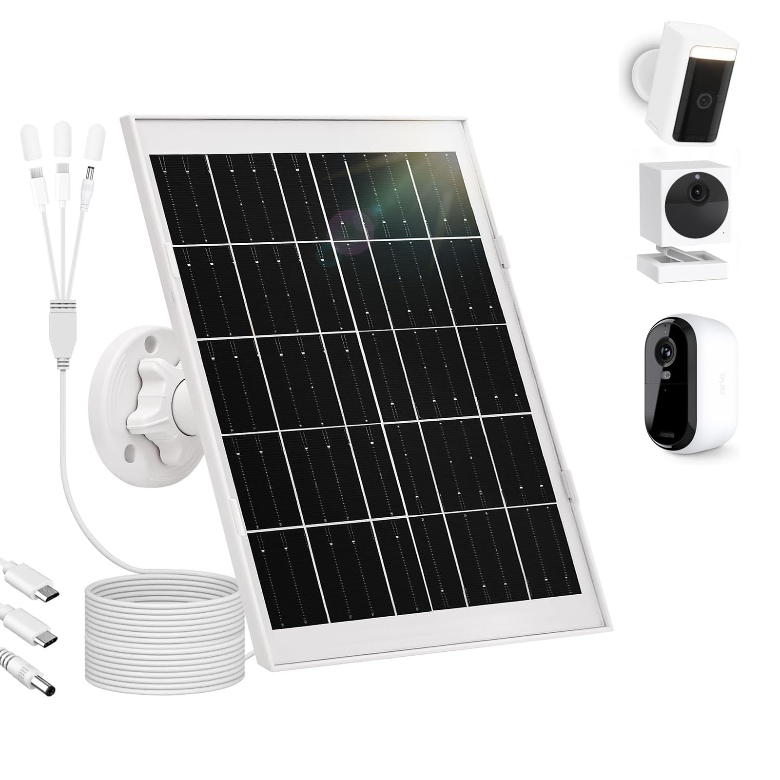 Panneau solaire 8 W pour caméras de sécurité extérieures sans fil – Chargeur universel avec port USB-C, micro USB et CC | Compatible avec les caméras à batterie CC 5 V (lot de 1)