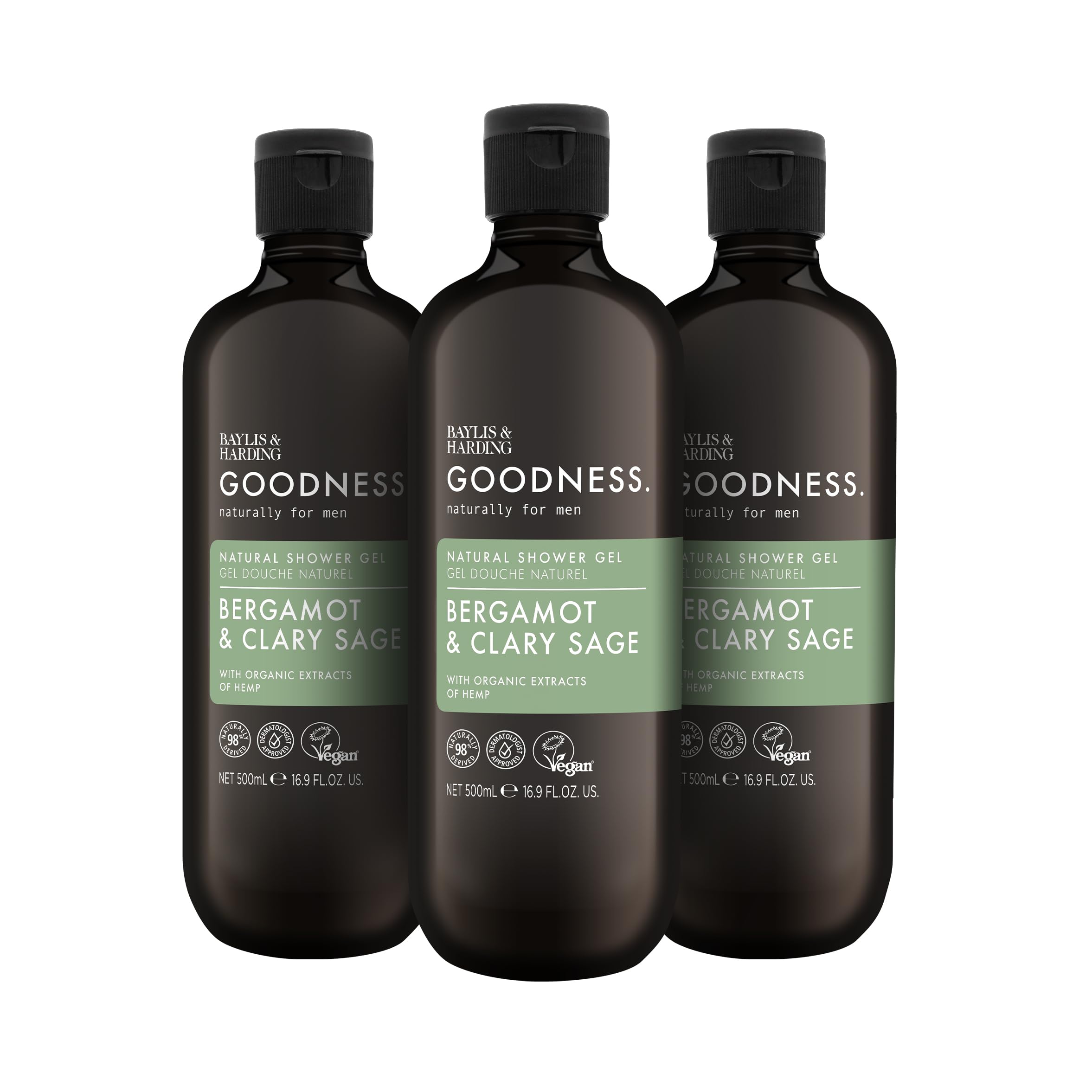 Baylis & Harding Goodness Men's Bergamot & Clary Sage Natural Shower Gel, 500 ml (Pack Of 3) - Vegan Friendly
