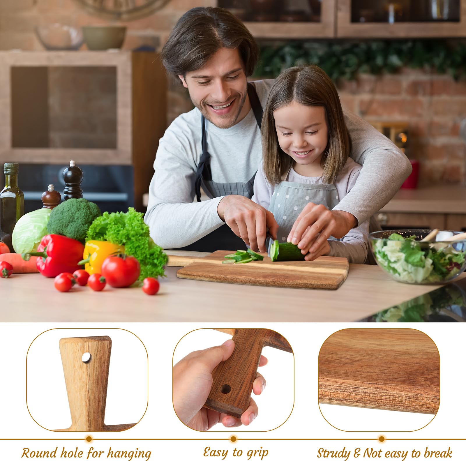 Zhehao 3 tablas de cortar de madera de acacia con asa, tablas de embutidos de madera, tabla de queso, tabla decorativa de carne, pan, bloques de cortar para verduras, frutas, cocina, comedor