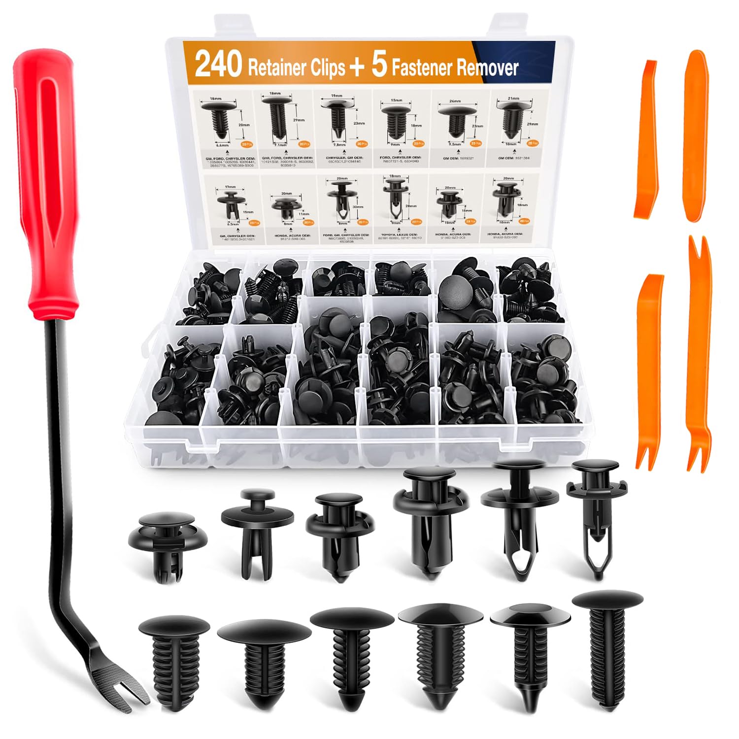 GOOACC Bumper Retainer Clips for Car Plastic Rivets Fasteners Push Retainer Kit Extra Size Auto Push Pin Rivet Set Door Trim Panel Fender Clips 240pcs