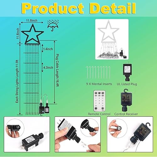 Miniatura 5 de Guirnalda de luces de estrella para decoración de Navidad al aire libre con control remoto, 317 luces LED de 17 pies, 11 modos de iluminación y
