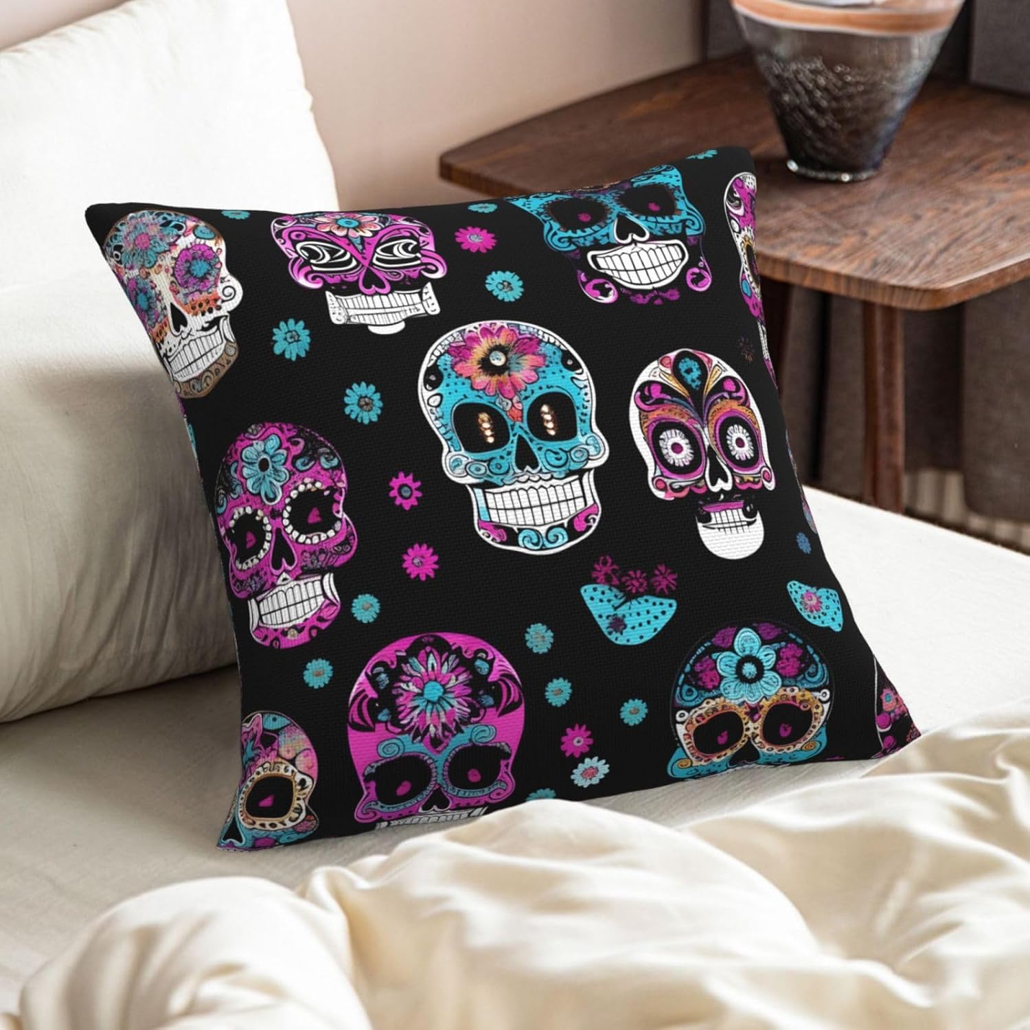 Colorful Skulls Print Imitation Linen Pillowcase -2 Sets, Fashionable Home Decoration, Used for Sofas, Gardens, beds