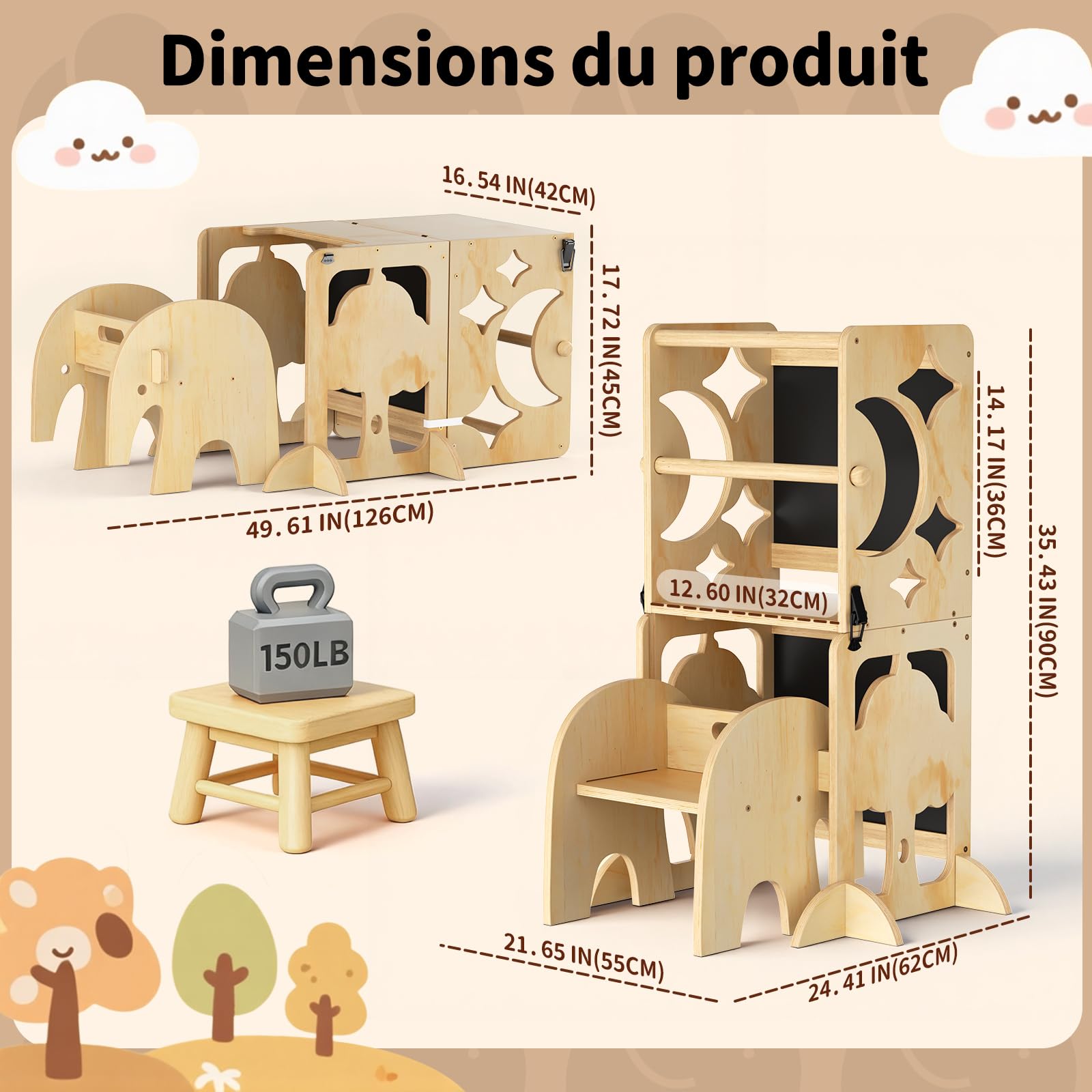 COSYLAND Tour d’Observation Enfant,Tour d’Observation Montessori 3 en 1, Tour d’Apprentissage Enfant Pliable avec Tableau, Tour Observation bébé pour Cuisine, Table et Salle de Bain – Naturel