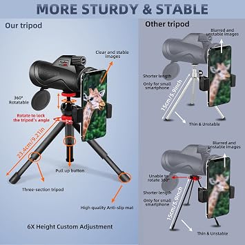 Pankoo 12x60 Monocular Telescope with Smartphone Adapter, Tripod, and Portable Bag for Bird Watching, Hiking, and Travel