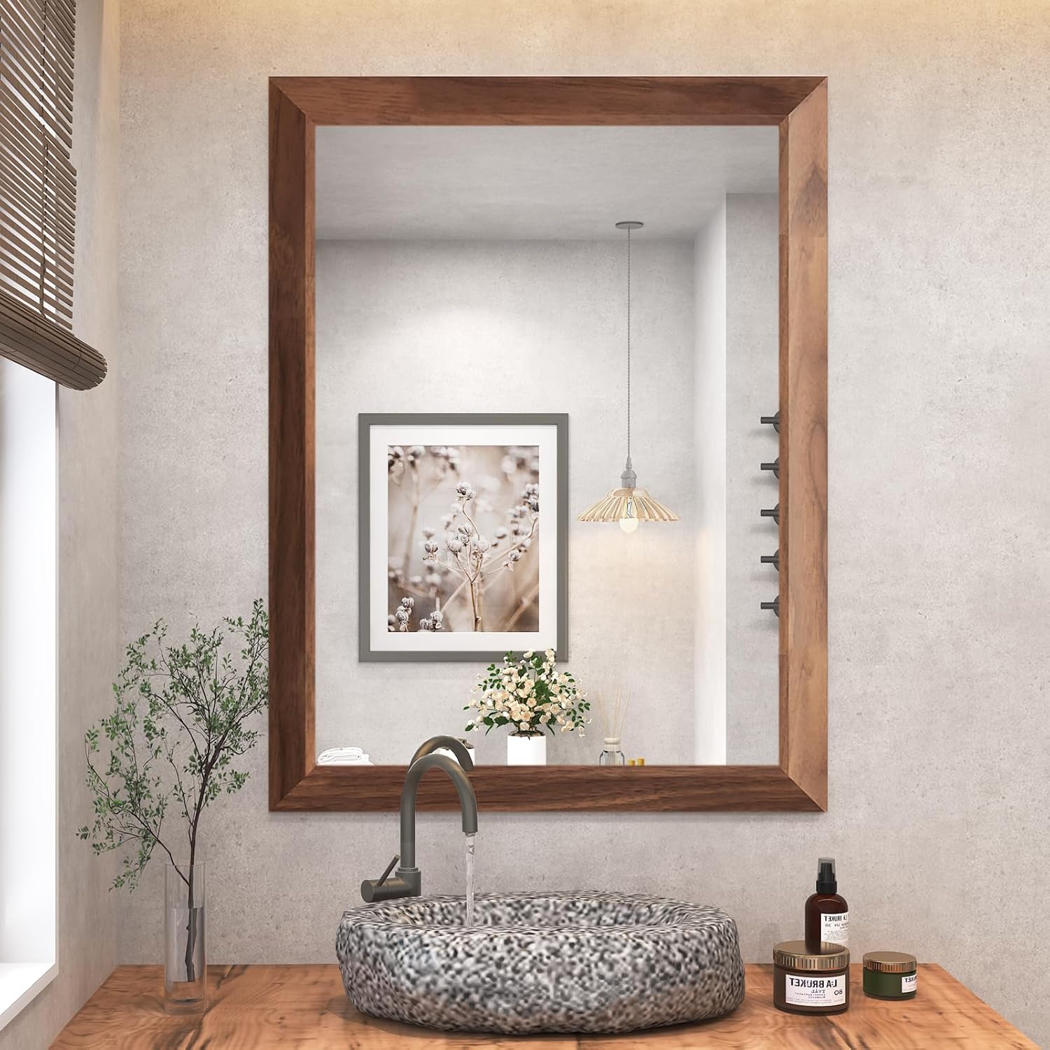 SMIROR 24 x 32 Inch Rustic Bathroom Mirror for Over Sink, Brown Walnut Metal Framed Farmhouse Rectangle Vanity Mirrors for Wall, Wooden Grain, Thick Frame, (Horizontally/Vertically) Walnut 32"L x 24"W