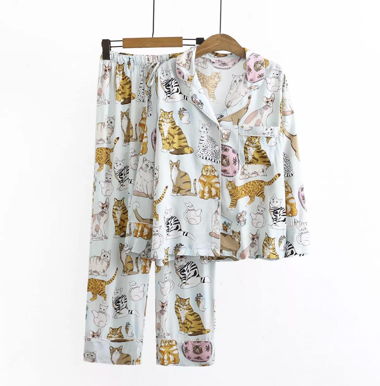 Fmiljiaty Women's Pyjamas Sets Pajamas Women Set Autumn Cute Cat Animal Print Home Clothes Cotton Silk Loose and Comfortable Ladies Dormir Pajamas