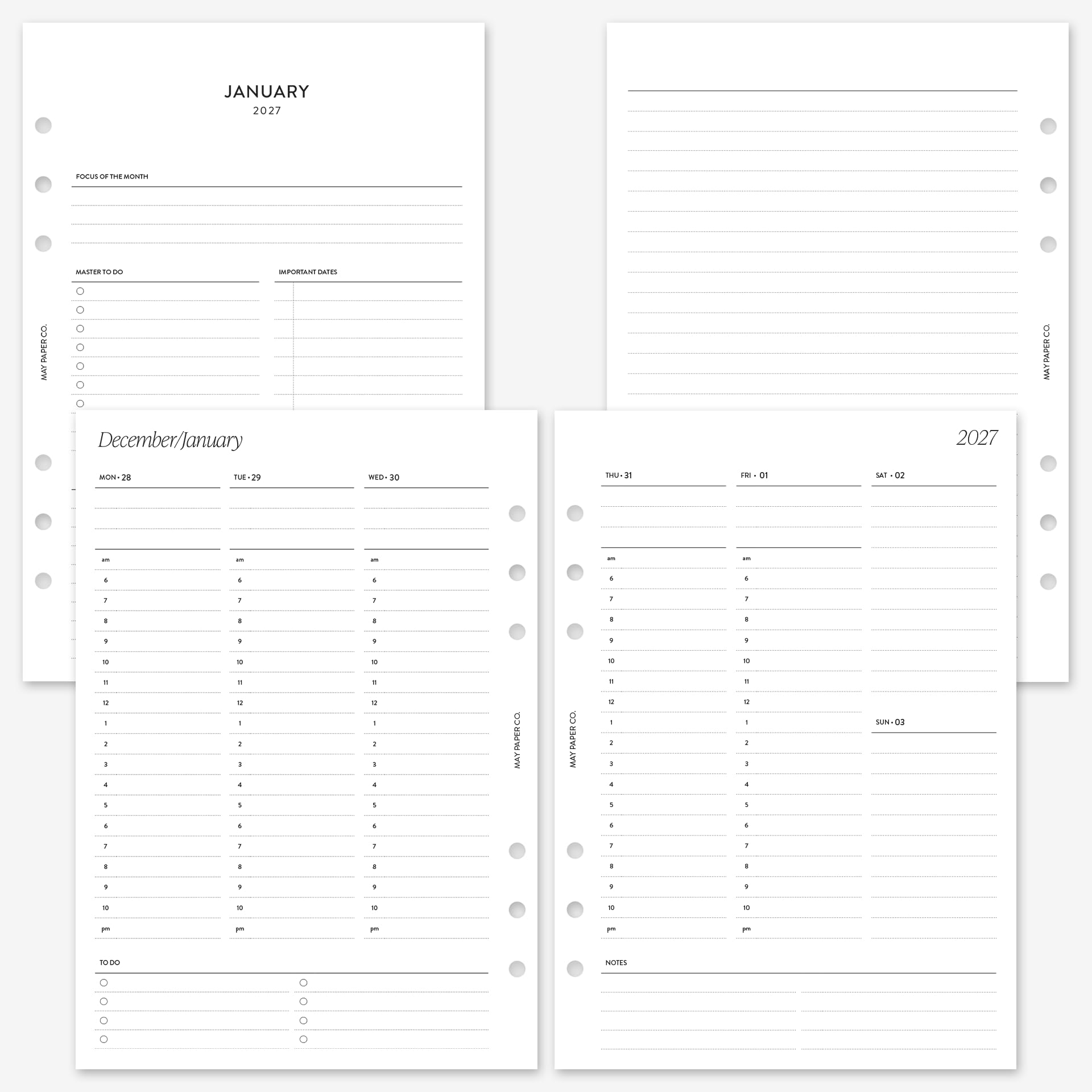 MAY PAPER CO. Ricarica per agenda settimanale 2027, formato A5, settimana su due pagine, per agenda A5 Filofax e LV GM a 6 anelli, 5,8 x 8,3 (verticale oraria)