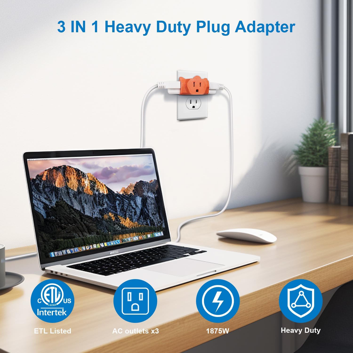 EXTRASTAR 3 Outlet Extender, Heavy Duty Grounded Wall Tab, T-Shaped Adapter Spaced, Electrical Multi-Outlet with 3 Prong, 3 Way Plug, ETL Listed Power Splitter for Home Office - Orange(4 Pack)