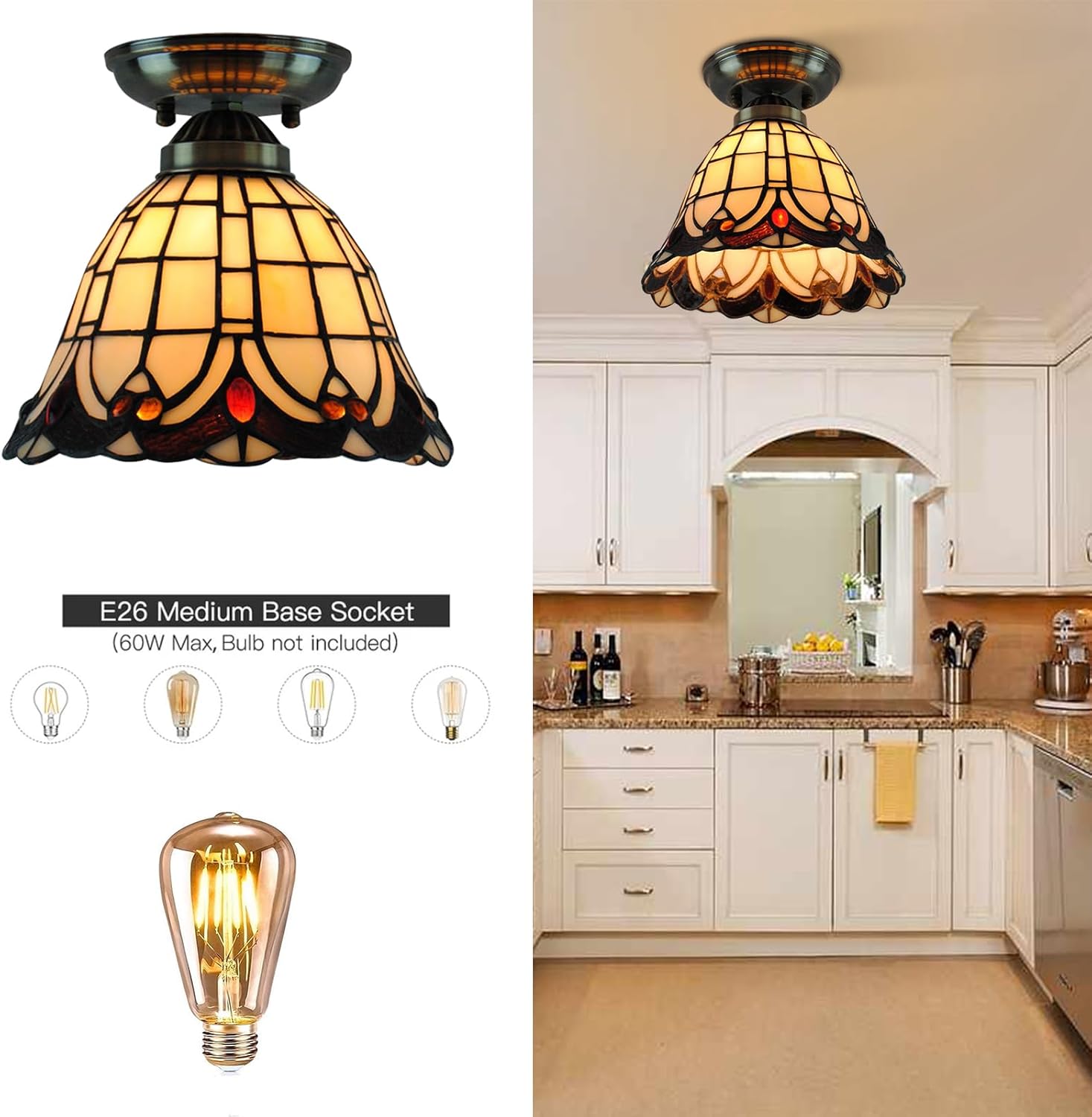 1 Light Tiffany Semi-Flush Mount Ceiling Light Fixture Antique Stained Glass Ceiling Lamp Mini Vintage Ceiling Light for Living Room, Hallway, Kitchen Width 7.8inch