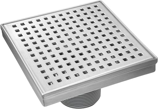 HEATGENE 4-Inches Square Shower Drain with Flat Cover, Stainless Steel Shower Floor Drain with Removable Quadrato Pattern Grate, Floor Shower Drain with Hair Strainer, Brushed