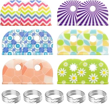 12 Pcs 1-Inch Key Cap Covers with Labels with 10 Pcs 1" Key Rings, Soft Stretchy Silicone Key Identifiers for House Keys, Cute Key Head Protectors for Standard Flat Keys, 6 Stylish Patterns