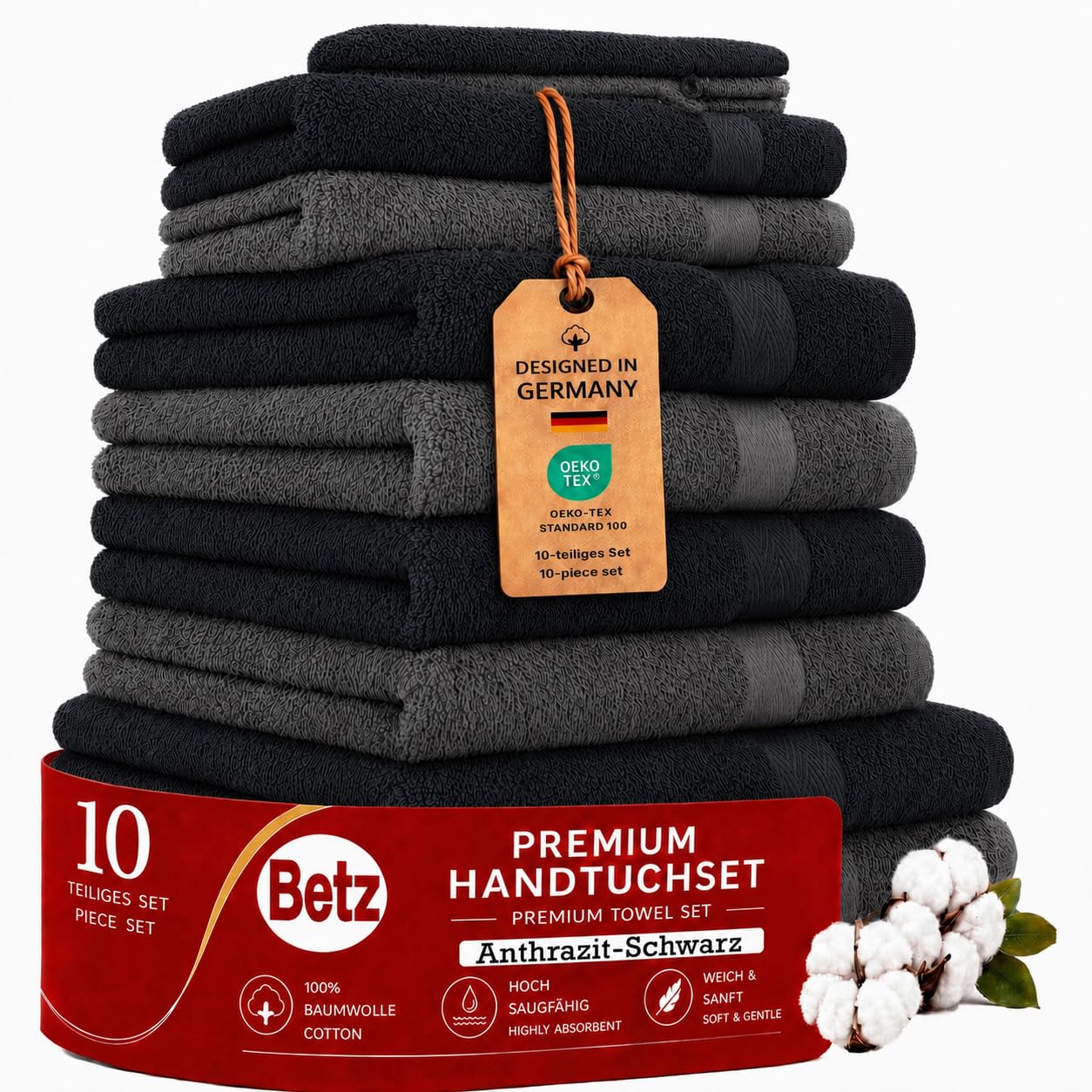 Betz 10-częściowy zestaw ręczników premium 100% bawełna 2 ręczniki pod prysznic 4 ręczniki do rąk 2 ręczniki dla gości 2 rękawice do mycia kolor antracytowy szary i czarny