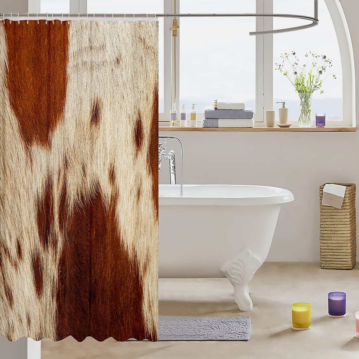 Homewish Kuhfell Badevorhang Braun Kuh Druck Duschvorhang für Jungen Mädchen Mann Frauen Stier Rinderhaut Badewanne Duschvorhang Tierwelt Fell Haare Bauernhaus Tierhaut Badezimmer Sets,180 W x 200 L
