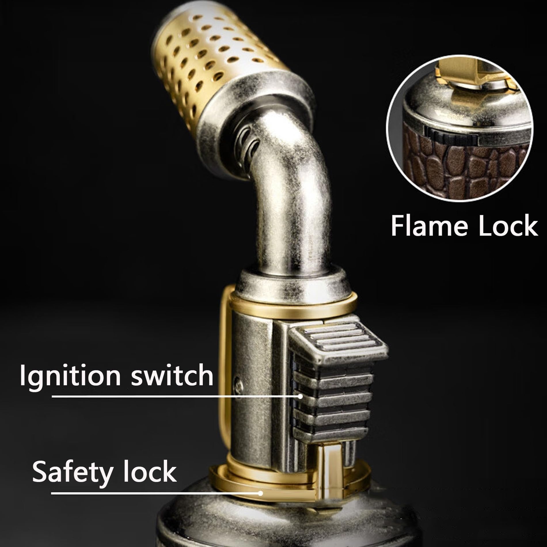 Encendedor de antorcha de butano recargable, llama de chorro resistente al viento, diseño de metal portátil con bloqueo de seguridad y bloqueo de llama para aventuras de camping y senderismo