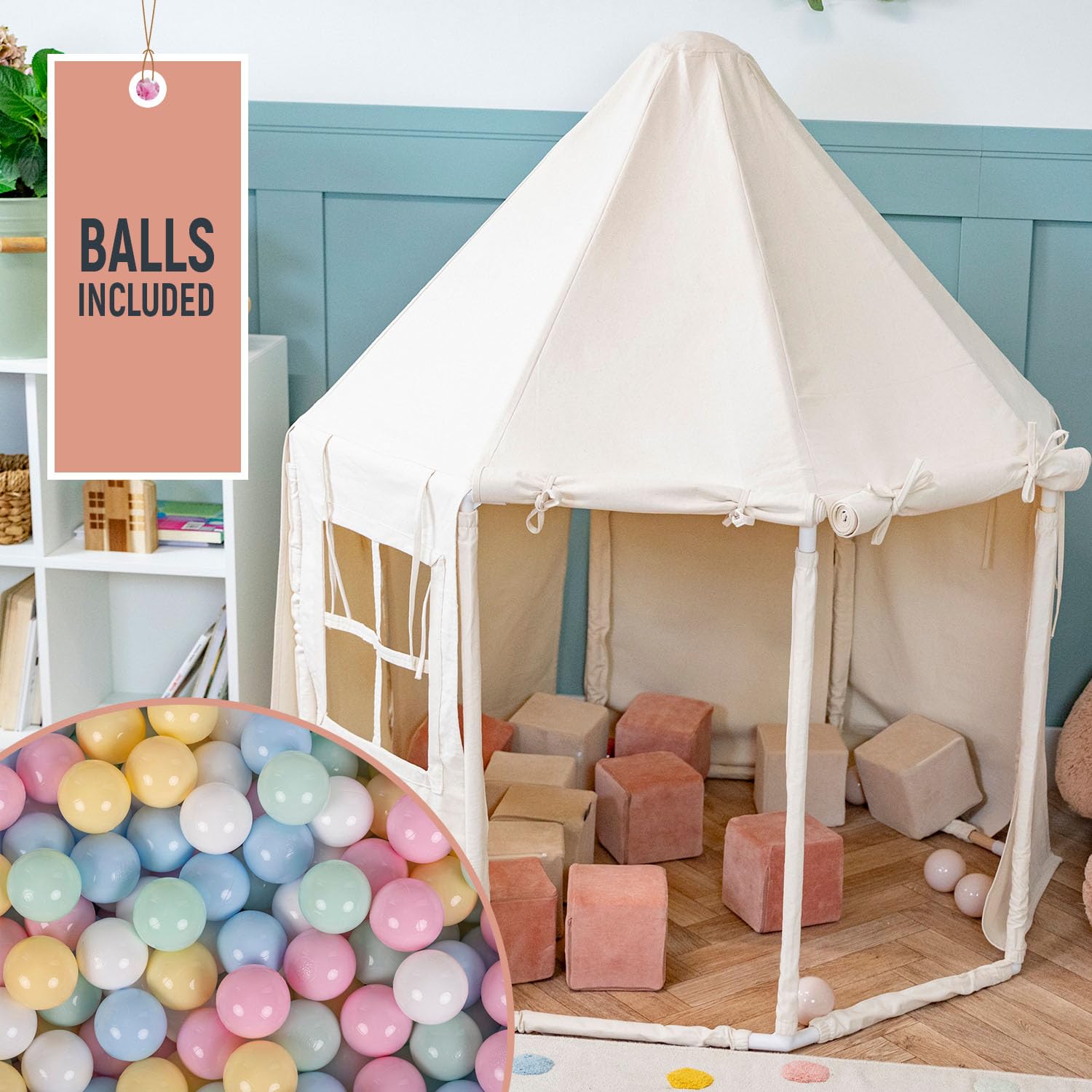 KiddyMoon Play Tent For Kids Pavilion With 100 Balls Playhouse Cotton Fabric Indoor Outdoor Use Foldable Design Easy Assembly And Storage Perfect For Play