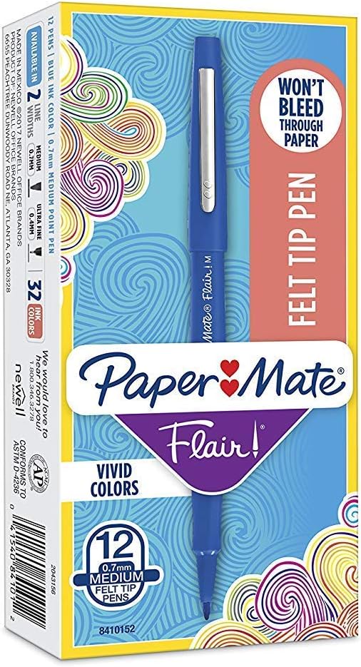 Paper Mate Flair Felt Tip Pens, 0.7mm, Medium Point, 12-Count (Blue)