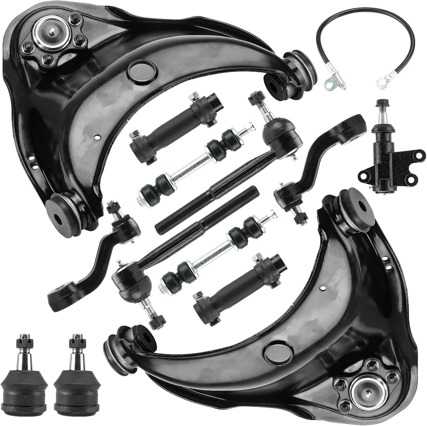 Front Upper Control Arms w/Ball Joints Pitman Idler Arm Sleeves Sway Bar End Links Tie Rods Suspension Kits for 93-99 C1500 Suburban C2500, GMC C1500 C2500 Yukon RWD (15pc)