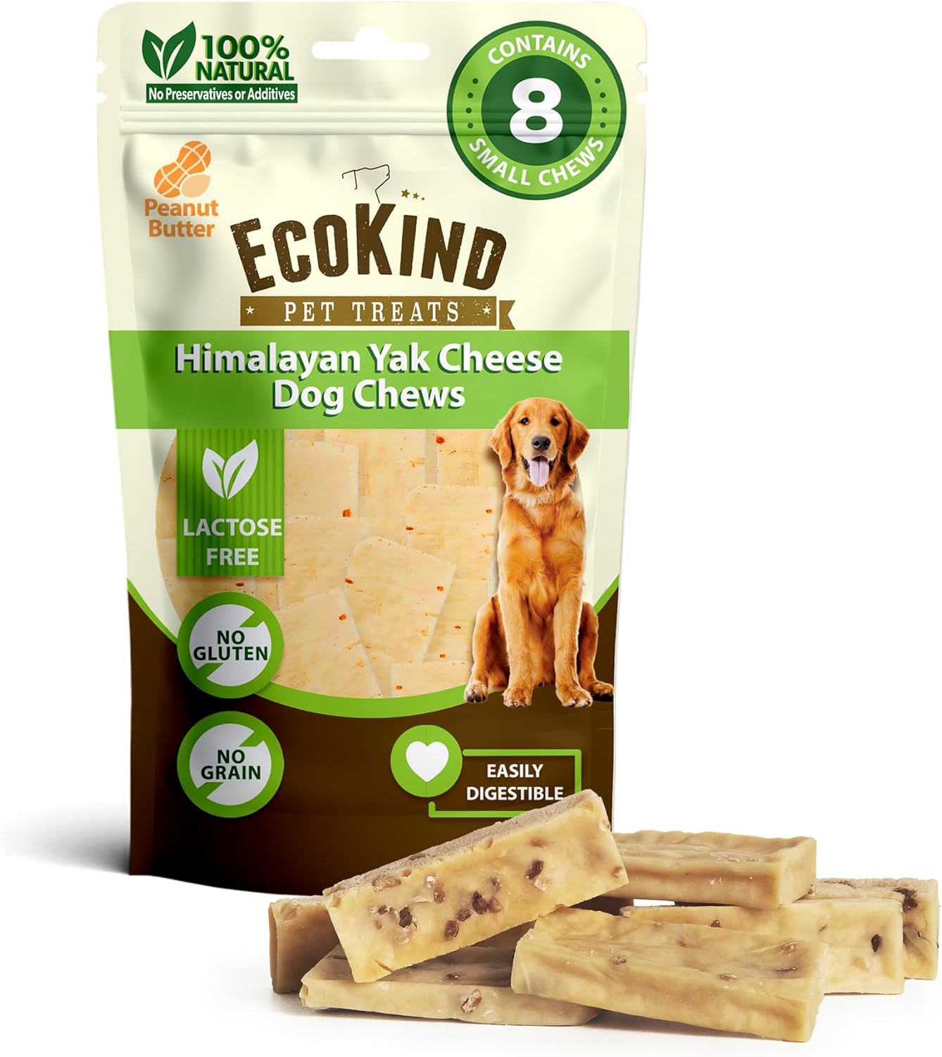 EcoKind Premium Gold Yak Cheese Himalayan Canine Chews, Wholesome Canine Treats for Small Canine, All Pure, Excessive Protein Chew, Peanut Butter, Small – 8 Chews