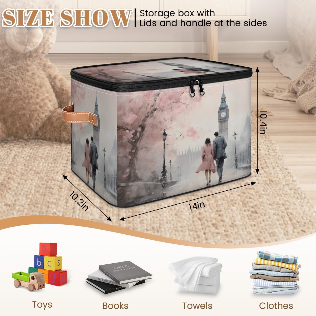 Storage Bin Set of 2 Romantic Couple Storage Basket with Zipper Lid & Handle Foldable Closet Shelf 2 Pack Cloth Organizer Basket Cube Bins Clothes Organizer for Nursery, Bedroom