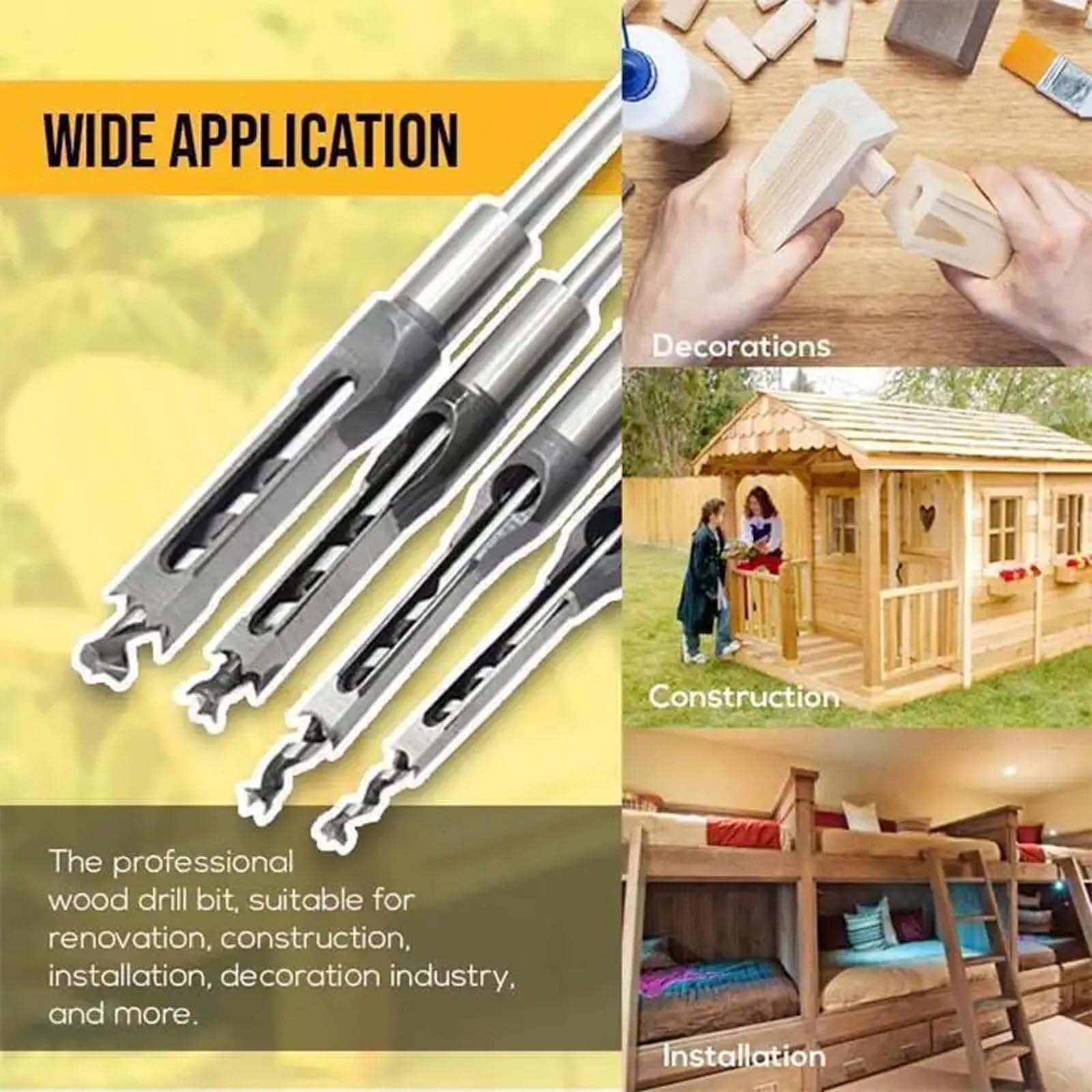 5PCS Hollow Chisel Mortise Drill Tool, Square Hole Drill Bit Tools Set - 1/4" 5/16" 3/8" 7/16" 1/2"
