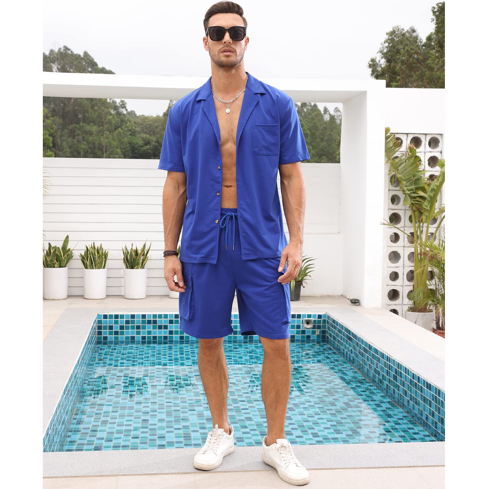 Fastkoala Uomo Tuta da Ginnastica Set Completi Abiti Estate Spiaggia Bottone Camicie e Pantaloncini 2 Pezzi