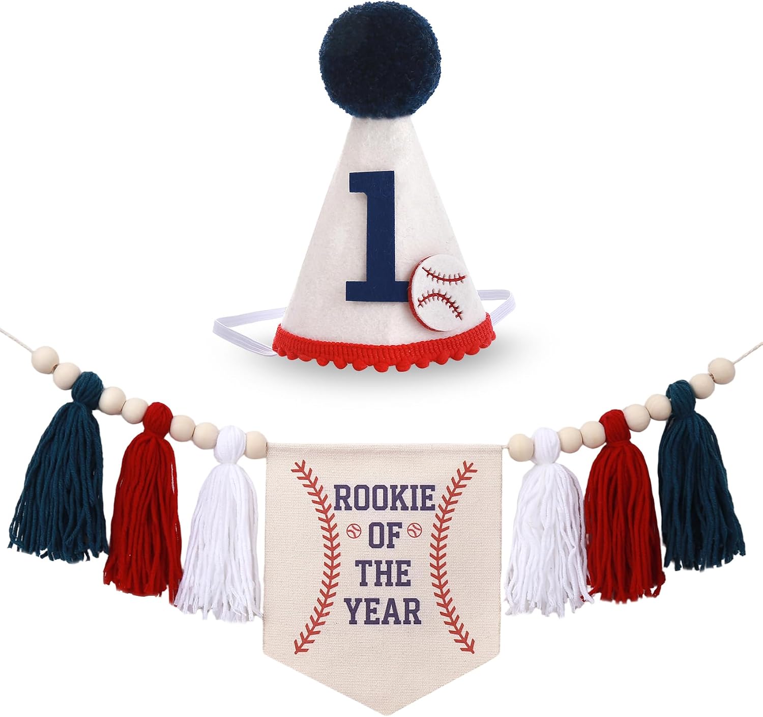 Rookie of the Year First Birthday Baseball High Chair Banner with Felt Hat