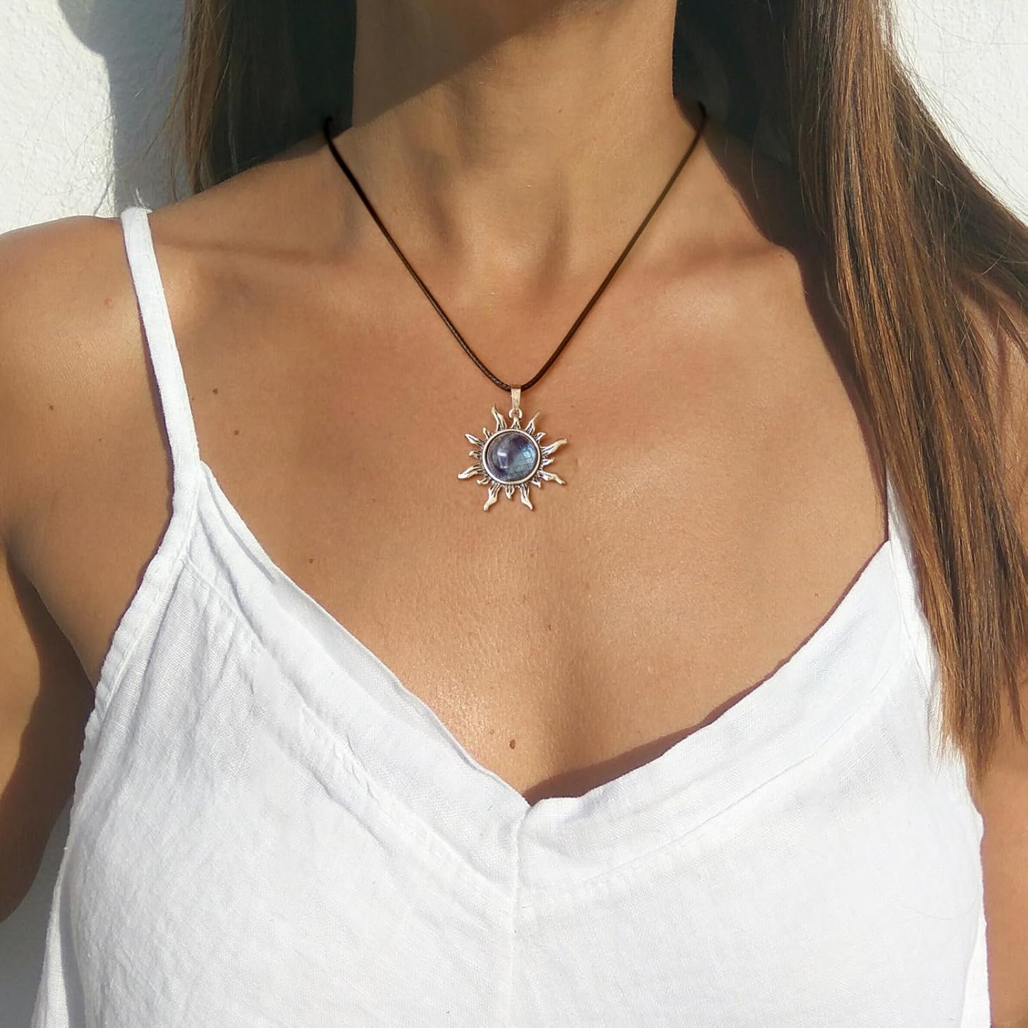 Amethyst Necklace, Sun Necklace Amethyst Jewelry for Women, Vintage Design Black Waxed Leather Cord Amethyst Crystal Necklace - Image 3