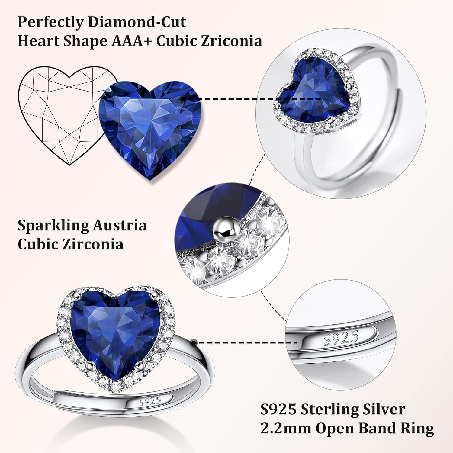 925 Sterling Silver Birthstone Rings for Women Girls with Clear 2ct Heart/Round/Teardrop/Square Crystal, Solitaire Diamond Open Bands Cubic Zirconia Rings Adjustable Size6-12