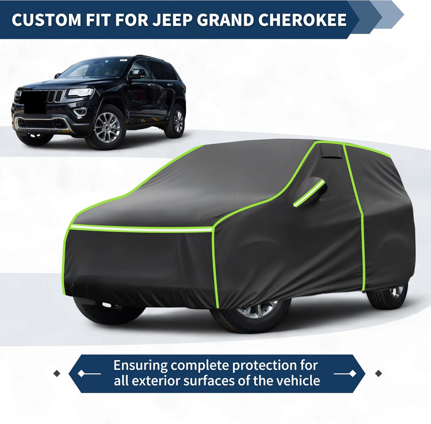 210D Waterproof Car Cover All Weather Custom Fit for Jeep Grand Cherokee 2002-2023 Wind, Snow, Rain & UV Resistant with Zipper & Reflective Stripe