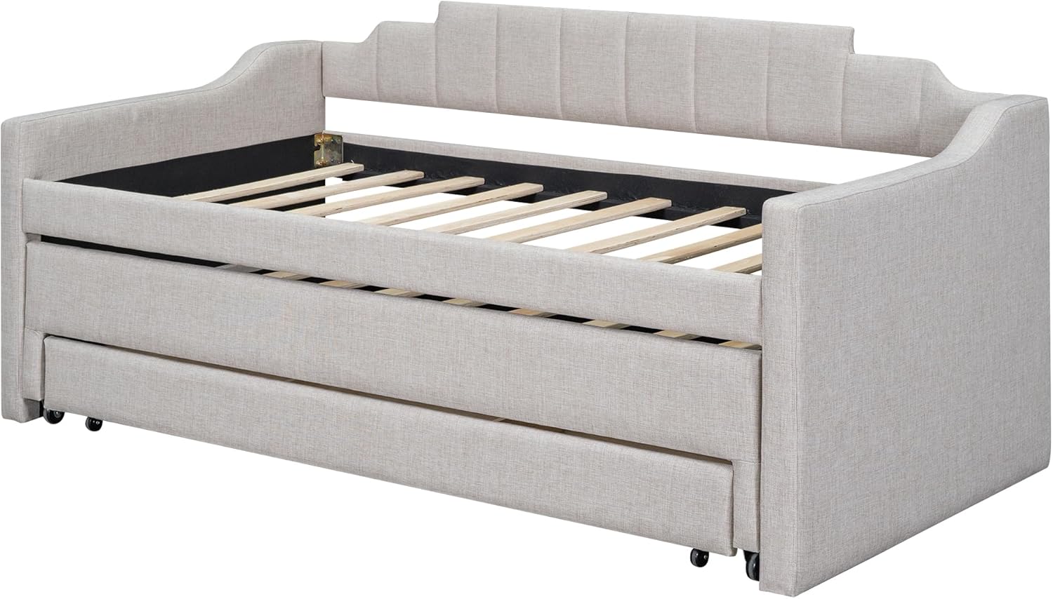 Merax Upholstered Twin Size Daybed with Trundle and Three Drawers, Wood Sofa Bed with Swooping Arms, Beige