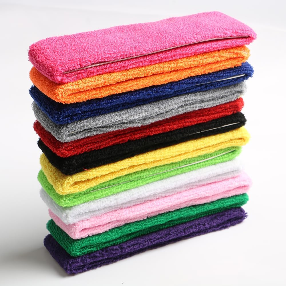 12PCS Cotton Sweatbands Sports Headband for Men Women Moisture Wicking Athletic Terry Cloth Sweatband for Running Gym Working Out