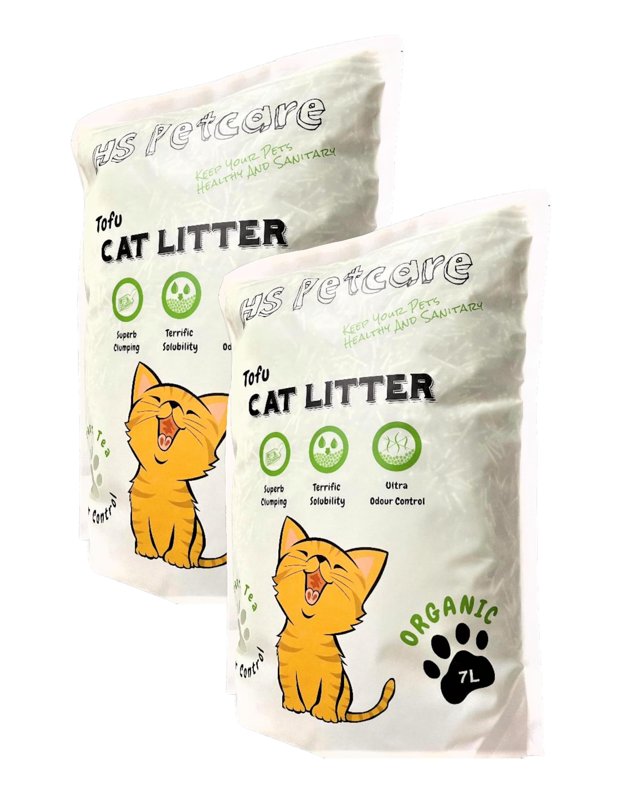 HS Petcare Organic Tofu Cat Litter Original Scent, Ultra clumping, Great odour control, Flushable reduce waste, Long lasting Dust free (Pack of 2 (14L), Green Tea/Matcha)