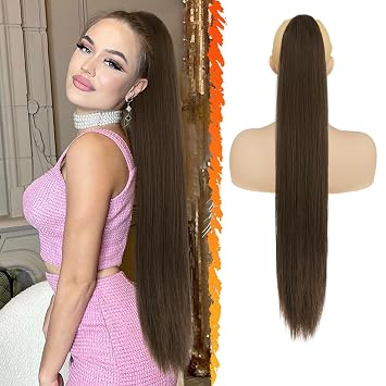 BARSDAR Long Straight Ponytail Extension - 30 Inch Drawstring Brown Ponytail Hair Extensions Synthetic Clip in Pony Tails Hairpieces Fake Ponytails for Women Girls Daily - Chestnut & Chocolate Brown