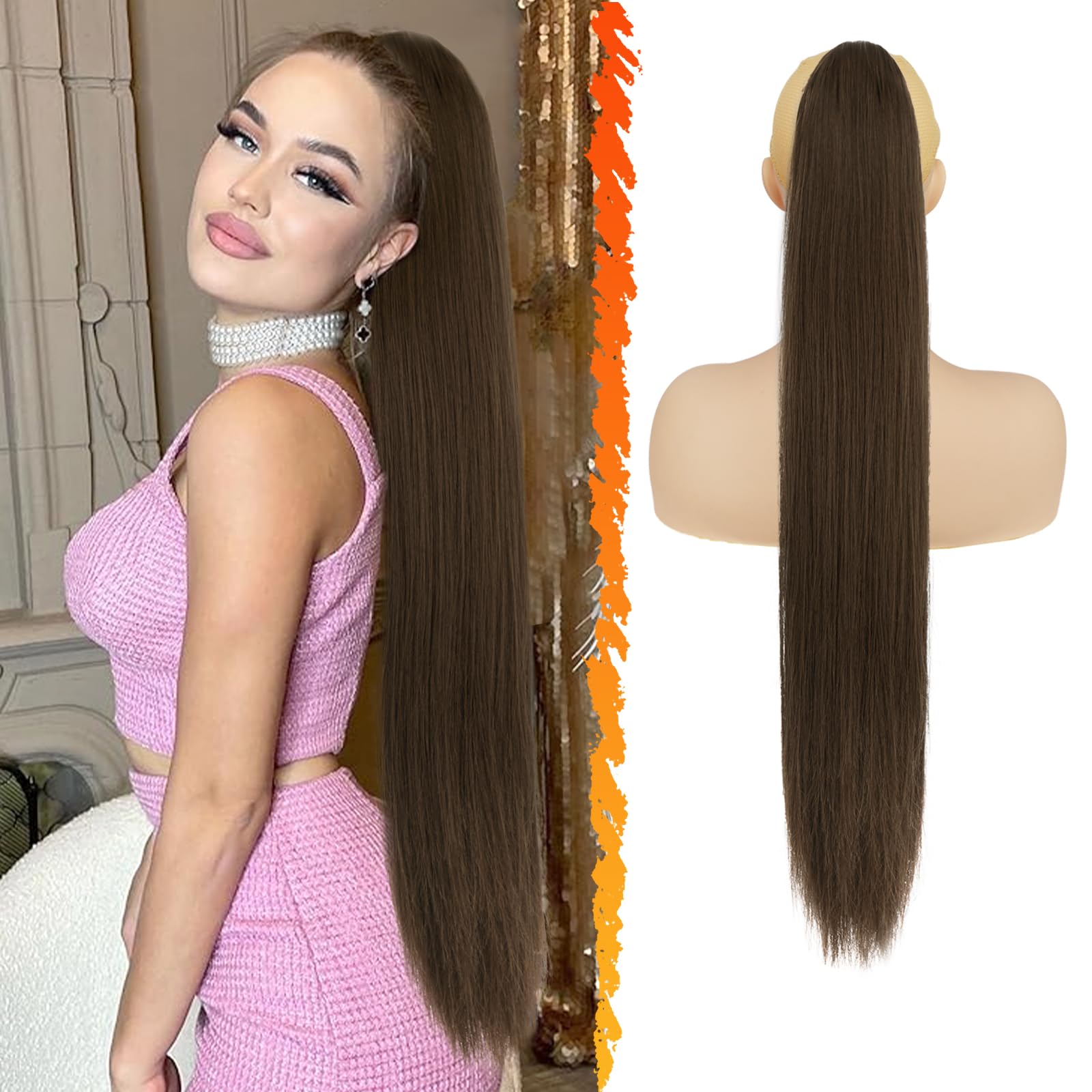 BARSDAR Pferdeschwanz Haarteil, 76cm Braun Pferdeschwanz Haarverlängerung mit Kordelzug Synthetik Clip in Ponytail Extension Haarteil Zopf Haarextension für Damen - Kastanie & Schokolade Braun