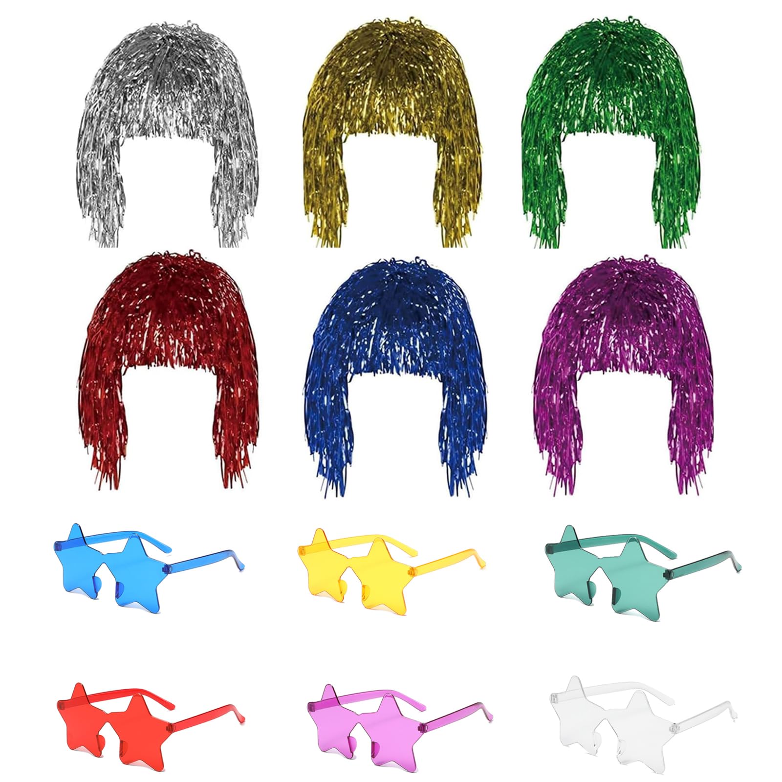 6 PCS Party Wigs ,Tinsel Wig ,6 Personalized Glasse for Costume Role-Playing Costume Parties Carnivals Halloween Christmas(Multiple Colors)