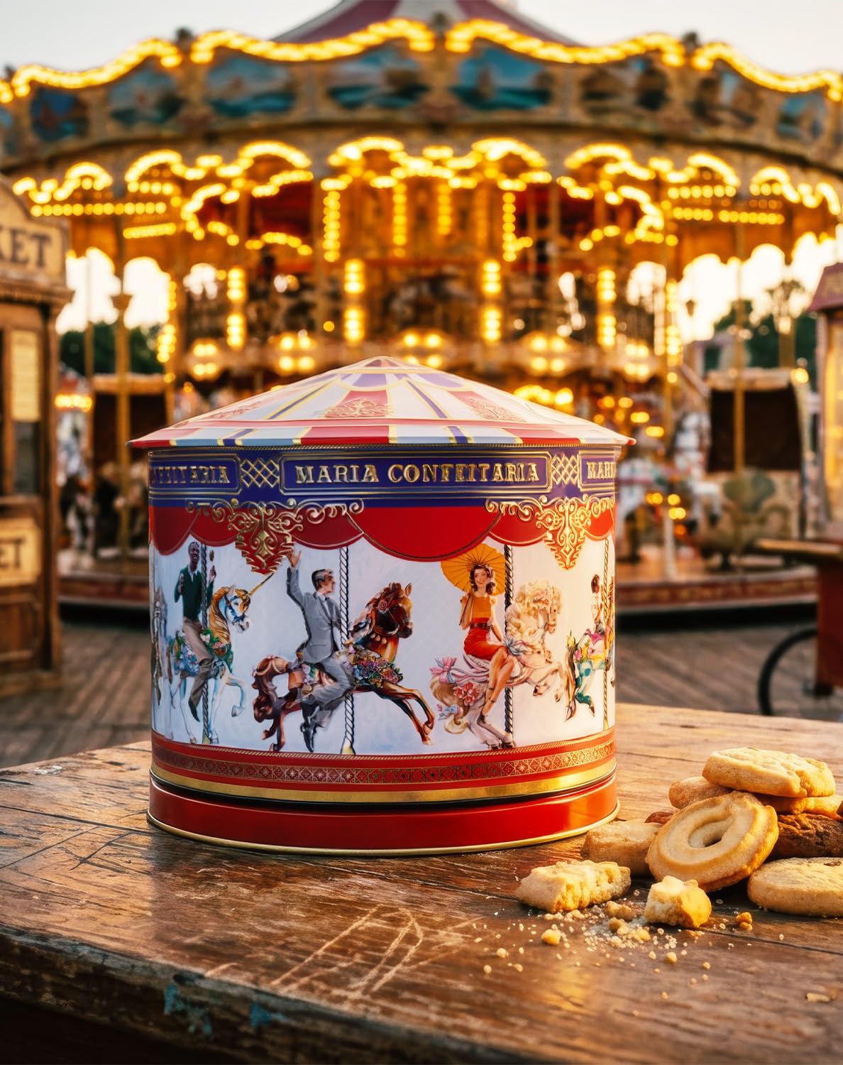Boîte à biscuits Carrossel 300 g – Boîte musicale avec biscuits légers – Sélection de chocolats fins du Portugal – Boîte artistique à collectionner