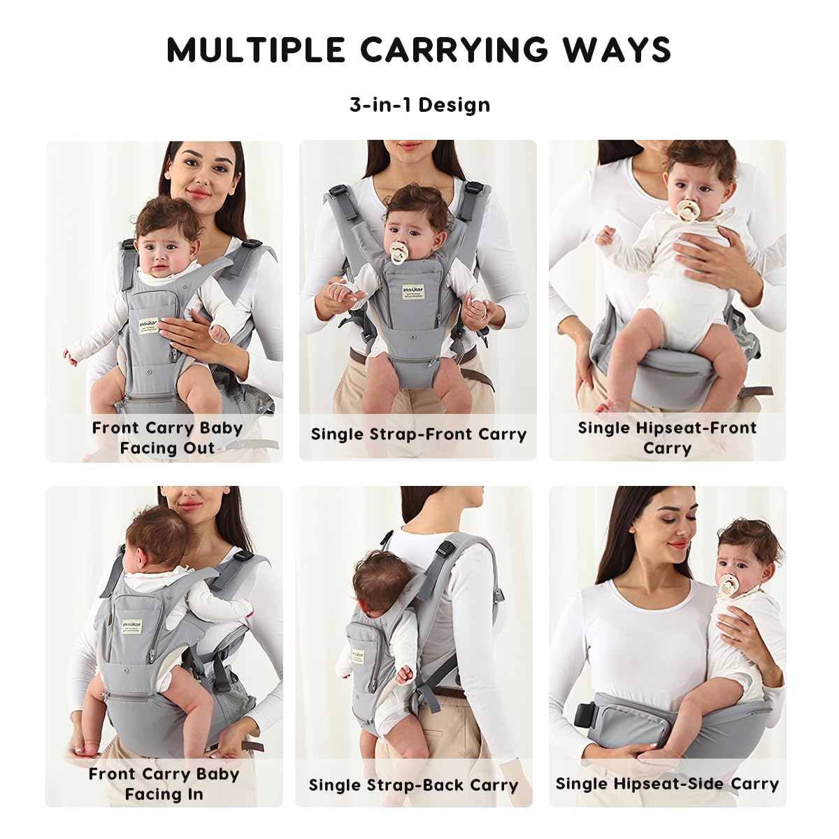 SONARIN 3-in-1 Leggero Marsupio Neonati con Sedile,Multifunzionale Traspirante Portantina Porta Bambino Fascia Porta Bebè con Cappuccio Rimovibile,Multi-Posizioni per Neonati(Nero)