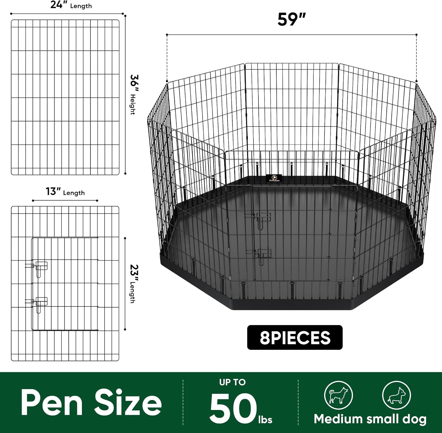 pjyucien dog playpen, 8 panels 36’’h dog pens indoor with bottom pad, metal foldable pet puppy exercise fence crate kennel, better for medium animals,black 36"h playpen+bottom pad