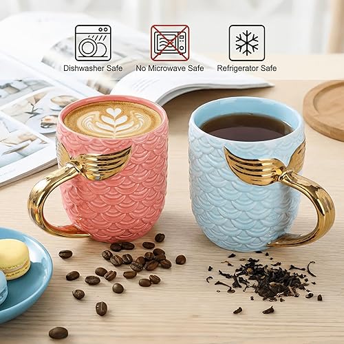 Miniatura 4 de Youeon Juego de 2 tazas de café de cerámica de 12 onzas con textura escalada, juego de tazas rosas y azules con mango de cola metálica, tazas