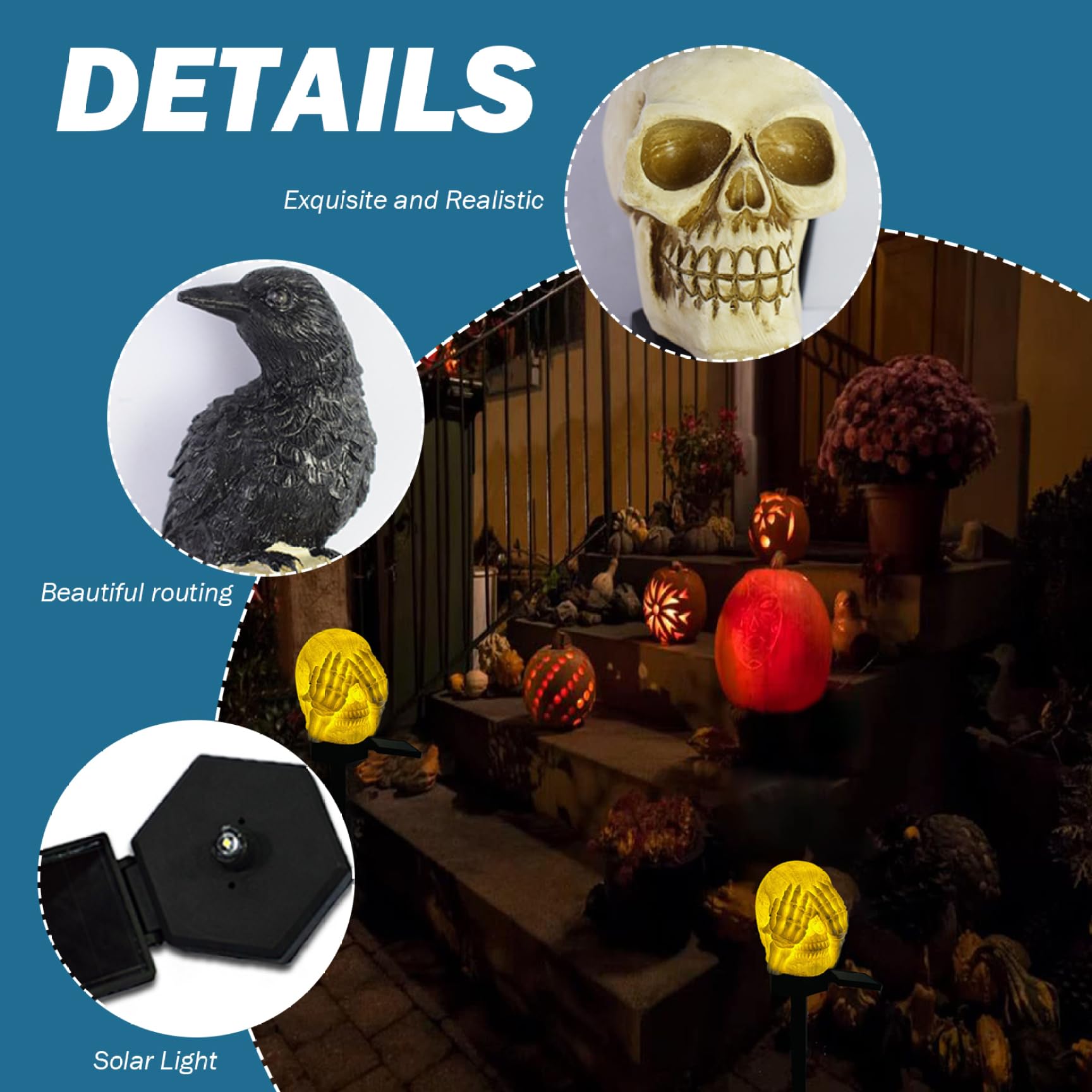 Luces solares de Halloween para exteriores, juego de 2 luces solares de cuervo en calavera, luces solares de Halloween con estaca, impermeables, luz LED blanca cálida, decoraciones de