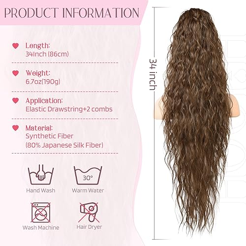 Miniatura 3 de HOOJIH Extensión de cola de caballo, cola de caballo extra larga de 34 pulgadas con clip de cola de caballo, extensiones de cabello onduladas,