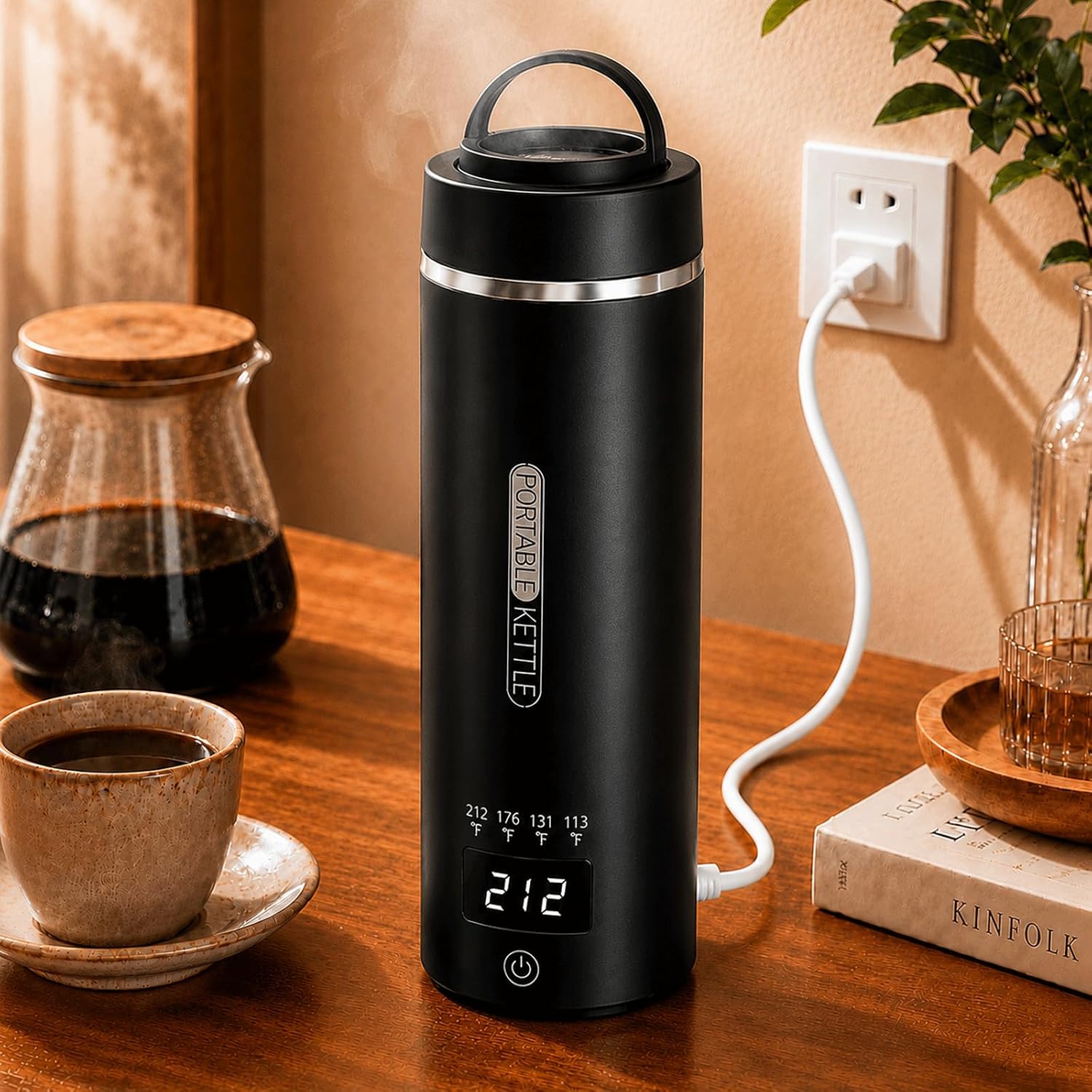 Travel Kettle, Portable Electric Kettle for 4 Temperature Controls, Black | 304 Stainless Steel Liner, Auto Shut-off, 300W (120V) Fast Boiling, Water Bottle for Business Trips, Dorm & Office, 450ml