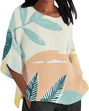 Womens 3/4 Sleeve Tops Sun Plant Tropic Print T-Shirt Crew Neck Oversized Tee Loose Fit Dressy Casual Drop Shoulder Graphic Tunic Tees Hawaii Summer Blouse Shirts 4XL