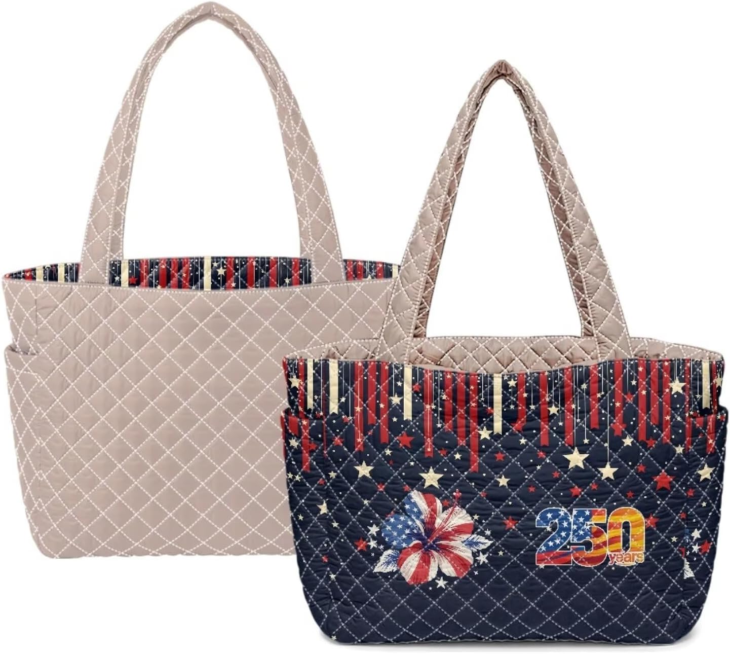 Large Reversible Quilted Tote Bag with Side Pocket, Cream